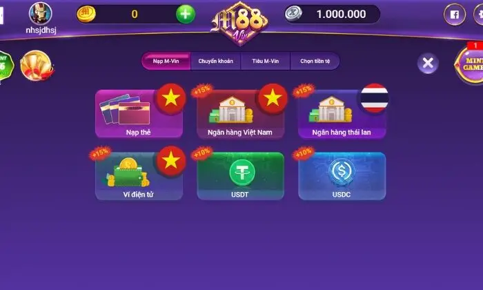 Hệ thống nạp tiền đa dạng tại M88vin
